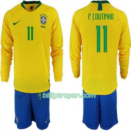 Billige Fotballdrakter Brasil P. Coutinho 11 Barn VM 2018 Hjemmedraktsett Langermet